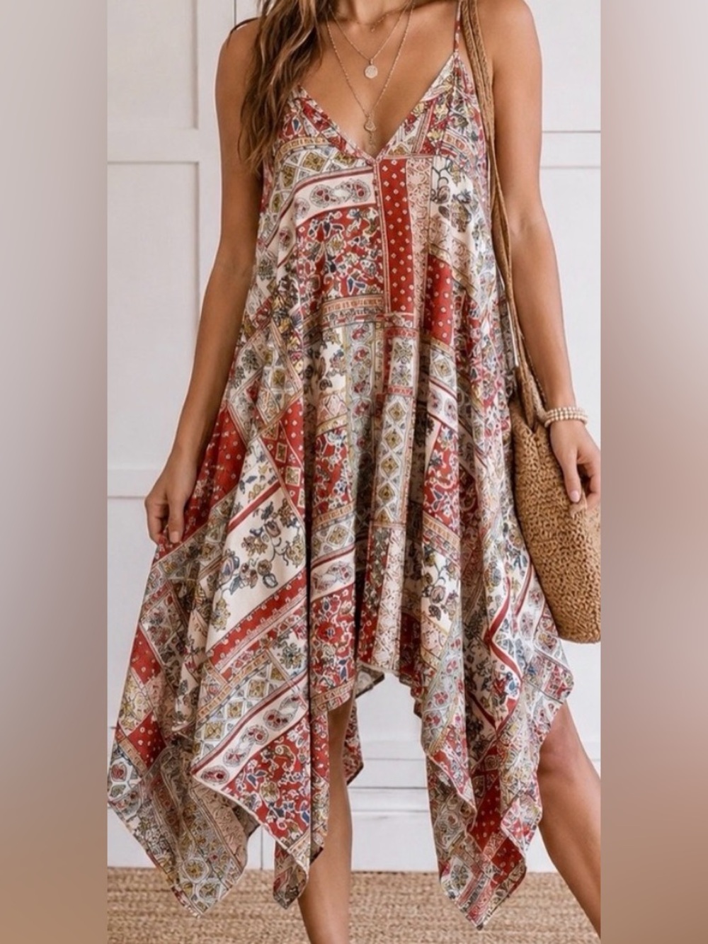 New Hopely Patchwork Paisley Handkerchief Hem Tunic Dress Boho Festival Large